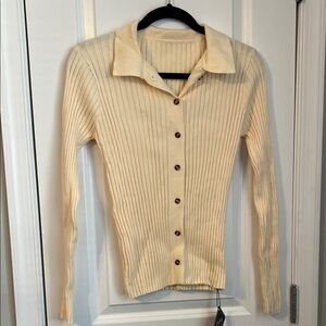 Cream Ribbed Button-Up Collared Sweater